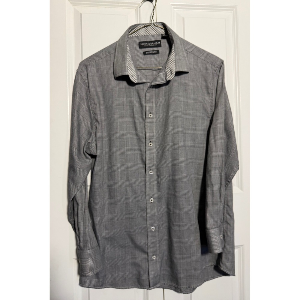 Nick Graham Button Down Mens L Grey Excellent Modern Fit Glen Plaid Long Sleeve